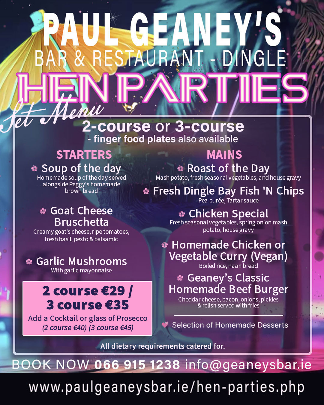 Hen Parties Menu.
