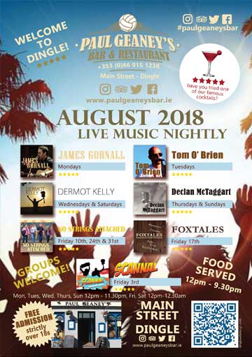 Paul Geaney's Bar & Restaurant Dingle Wild Atlantic Way August Music Leaflet
