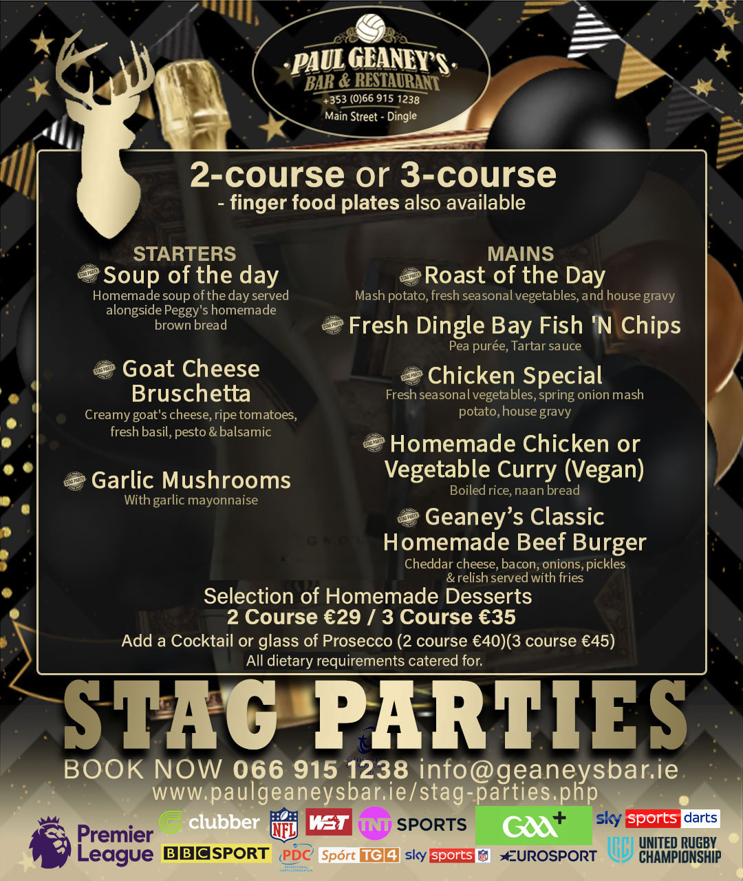 Stag Parties Menu.